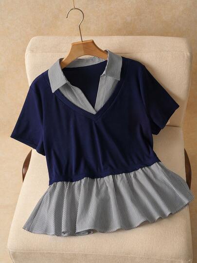 Elaquor Plus Size Striped Print Peplum Casual Short Sleeve T-Shirt, Summer