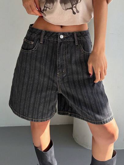 Livesso 女士复古水洗黑色宽松休闲街头音乐节条纹牛仔短裤，适合春夏穿着