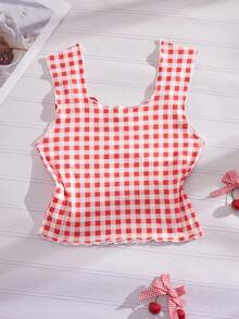 Eraneu 1pc Women's Plaid Casual Fashionable Versatile Blouse - Red and White - View 7