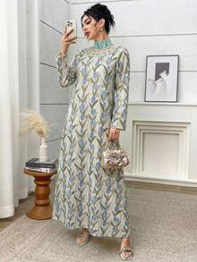 Yasmyna Đầm dài tay kiểu Ả Rập in họa tiết toàn thân, cổ đứng, phối lưới dành cho nữ. - Màu xanh lam - Xem 6