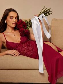 Silquee Váy ngủ maxi hở vai ren chắp vá gợi cảm cho nữ - Màu Đỏ Sâu - Xem 9
