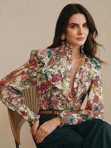 Anewsta Spring/Summer New Arrival Elegant Floral & Butterfly Print Stand Collar Ruffle Trim Long Sleeve Women Blouse - Multicolor - View 6