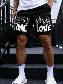 Manfinity LEGND 男士黑色短裤，饰有“FINE”和“LOVE”火焰印花，经典黑白撞色，弹性腰带配抽绳，休闲日常穿着，美式街头风，夏季款 - 黑色 - 查看 1
