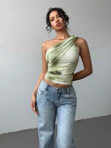 Aloruh 女士新款优雅性感扎染印花网纱修身褶皱系带露脐上衣，Y2K风格露肩无袖衬衫 - 綠色 - 查看 3