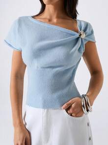 LYSMO 2026 New Arrive Minimalism Spring/Summer Women's Baby Blue Solid Color Short Sleeve Fitted Knit Top Summer Vacation Spring Breaks Summer For Women Beach Top Casual For Women Going Outs - Blue - View 3
