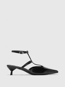 CUCCOO BIZCHIC Giày sandal nữ mũi nhọn, da bóng màu đen, kiểu dáng tối giản, quai chữ T, kín mũi, thanh lịch, phù hợp đi làm hàng ngày và hẹn hò buổi tối. - màu đen - Xem 2