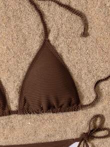 Swim Basics 2025 Solid Color Halter Twist Back Split Bikini Swimwear Set - Brown - View 4