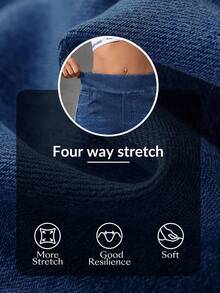 Flexra 女士休闲运动日常通勤高腰撞色条纹侧边宽松阔腿牛仔裤 - 深色水洗藍 - 查看 8