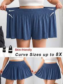 SHEIN CURVE+ 大码休闲纯色宽松短裤，夏季/图案T恤 - 藏蓝色 - 查看 1