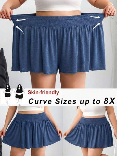 SHEIN CURVE+ 大码休闲纯色宽松短裤，夏季/图案T恤