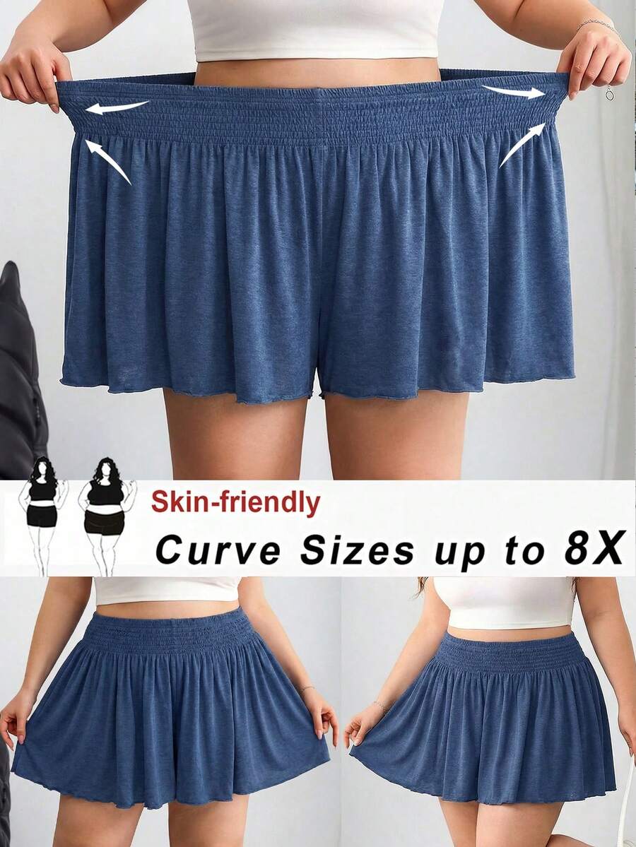 SHEIN CURVE+ 大码休闲纯色宽松短裤,夏季/图案T恤 - 藏蓝色 - 查看 1