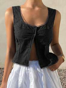 Livesso Women's Casual Bohemian Textured Striped Sleeveless Cropped Cardigan, Suitable For Spring, Summer, Beach, Street Wear - Black - View 6