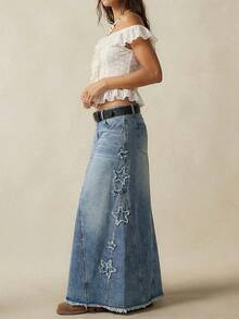 Bohemela 波西米亚风女士星形贴花长裙，波西米亚度假裙，夏季节日裙，春夏度假长裙，节日裙，星形元素 - 藍色 - 查看 1