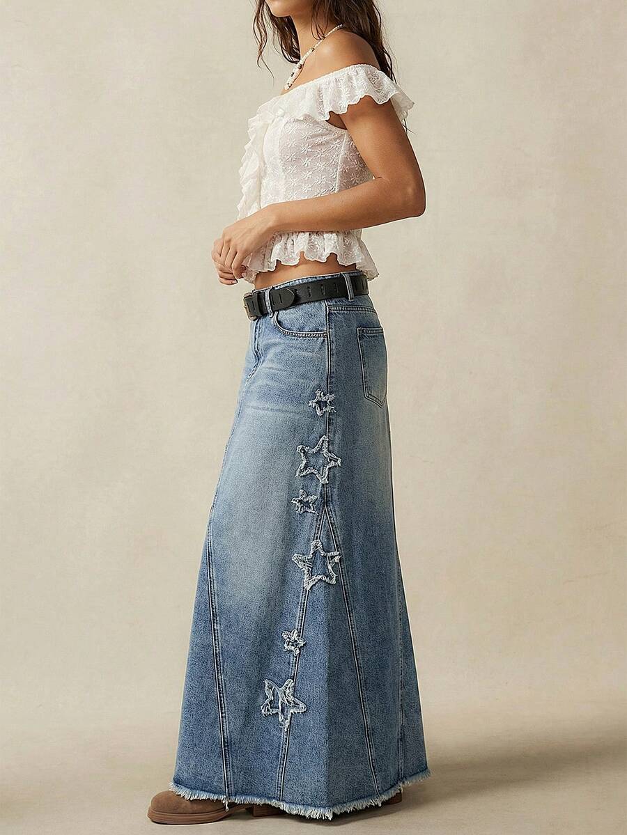 Bohemela 波西米亚风女士星形贴花长裙，波西米亚度假裙，夏季节日裙，春夏度假长裙，节日裙，星形元素 - 藍色 - 查看 1