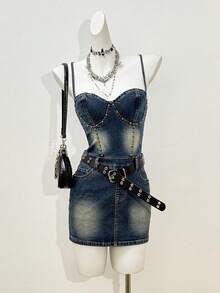 Jeanoix 女士时尚休闲Y2K复古修身性感牛仔连衣裙 - 深色水洗藍 - 查看 1