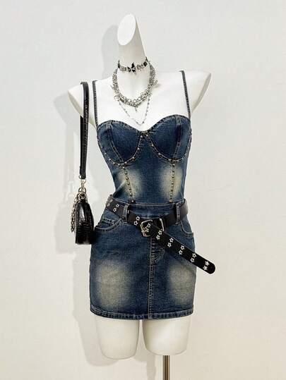 Jeanoix Women's Fashionable Casual Y2K Retro Fitted Sexy Denim Dress