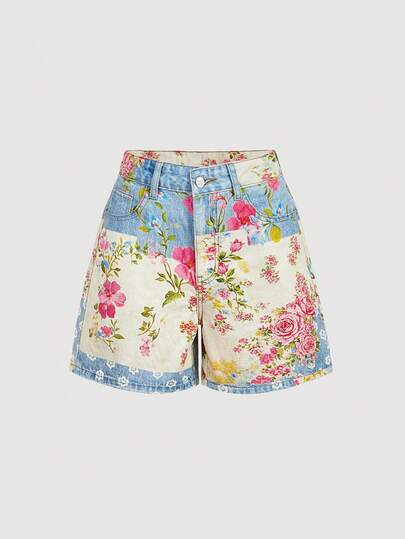 Sweetra Women's Floral Print Casual Denim Shorts