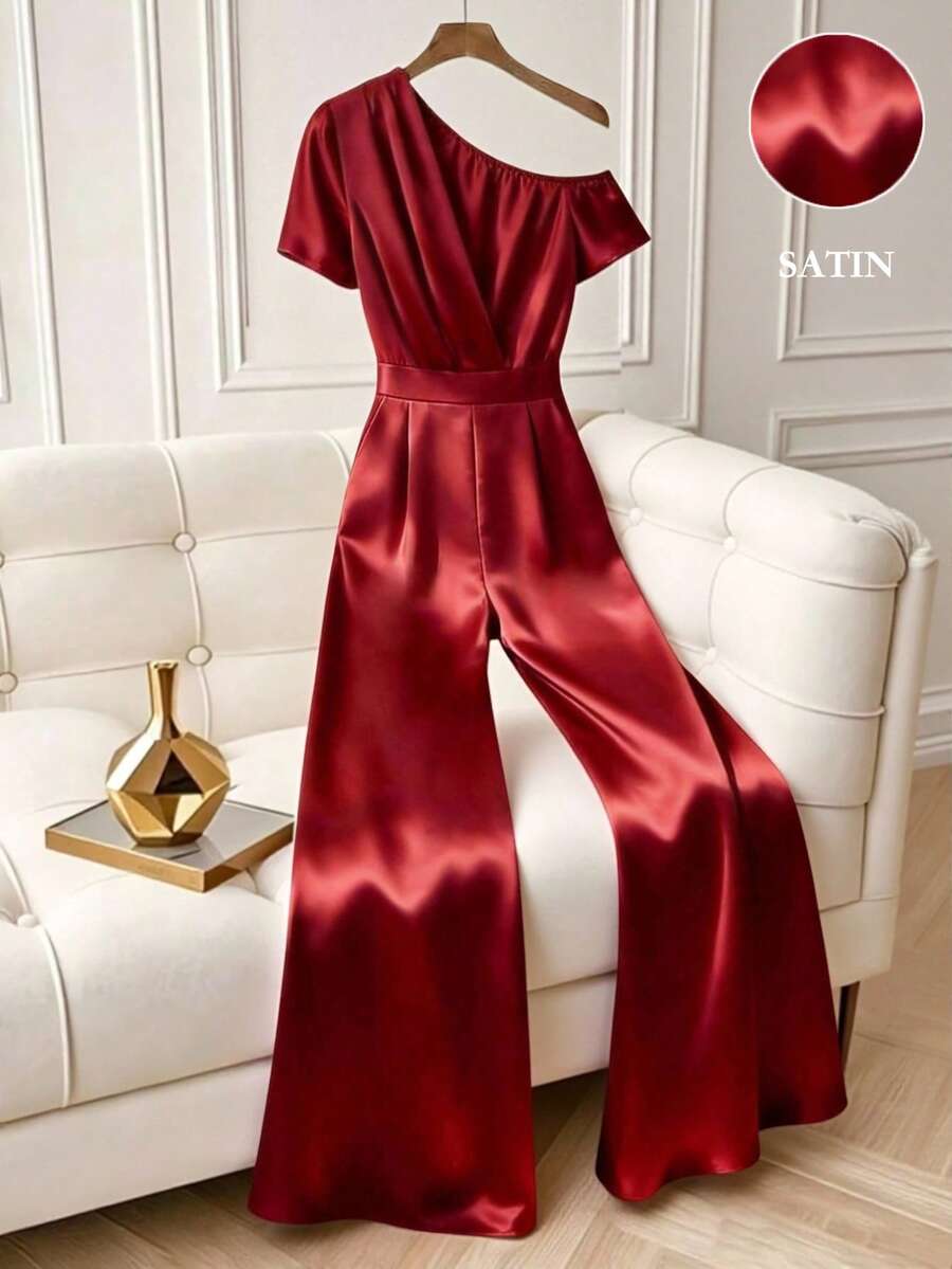 Franclia Women's Elegant Smooth Satin One-Shoulder Gathered Waist Red Jumpsuit, Stylish Jumpsuit, Women's Summer Outfit, Summer Vacation Outfit, Red Jumpsuit, Wide-Leg Jumpsuit, Off-Shoulder Jumpsuit, Casual Jumpsuit, Satin Jumpsuit, Women's Red Jumpsuit, Women's Casual Outfit, Summer Vacation Outfit, Women's Elegant Jumpsuit.Fashionable Casual Commuter Wear, Business Office Wear, Versatile And Stylish Everyday Casual Wear, Urban Teacher's Professional Attire - Red - View 1