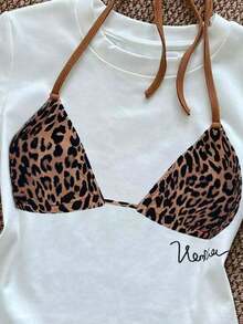 Glimmora 女士夏季豹纹拼接修身圆领短袖T恤 - 黑色 - 查看 3