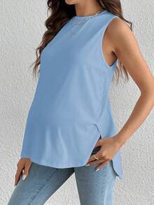 SHEIN Áo tank top bầu cổ tròn không tay, kiểu dáng thường ngày, màu trơn. - Màu xanh nhạt - Xem 4