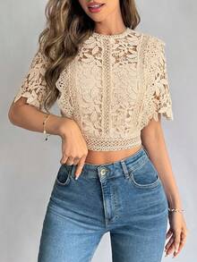 Firerie Women's Summer Lace Sheer Solid Color Round Neck Short Sleeve Camisole Shirt,Summer Top - Beige - View 4