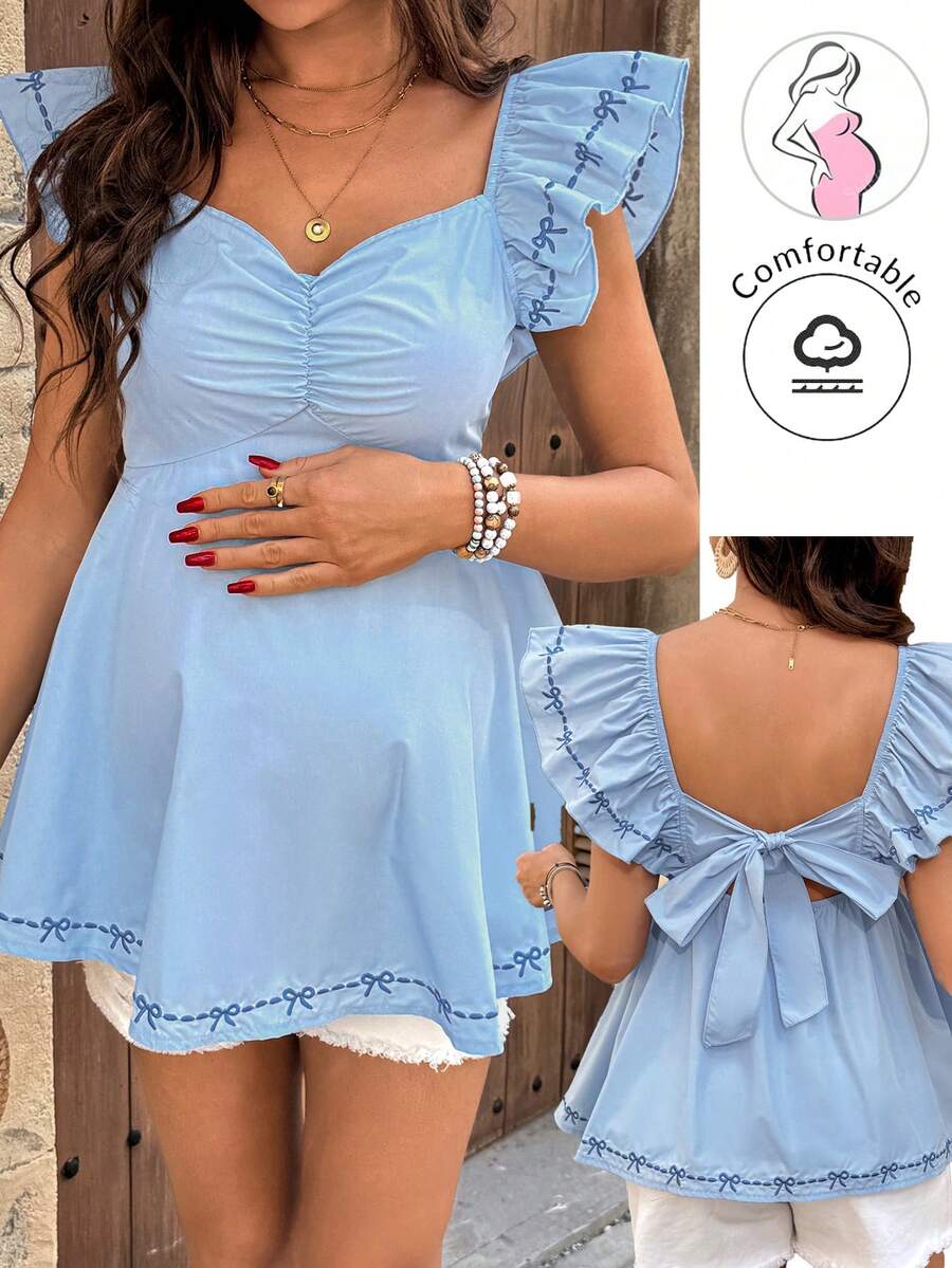 SHEIN Maternity Sweetheart Collar Cap Sleeve Ruffle Trim Bowknot Pattern Blouse Blue Summer Top,Beach - Blue - View 1