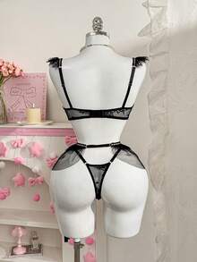 PetitDoll 3pcs Women's Sweet & Sexy Lace Patchwork Lingerie Set - Black - View 10