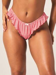MISSGUIDED 格纹荷叶边比基尼丁字裤，饰有蝴蝶结和褶边，适合海滩度假夏季泳装 - 彩色 - 查看 1