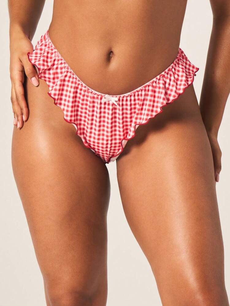 MISSGUIDED Gingham Ruffled Bikini Thong Bottom With Bow Detail And Frill Trim For Beach Vacation Summer Swimwear