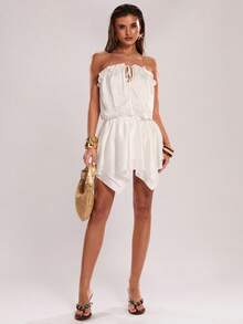 SHEIN BAE Women's White Strapless Satin Dress,Summer Ruched Twist Asymmetric Hem Bandeau Dress,Mama Mia Style,Perfect For Party,Vacation,Holiday & Nightclub - White - View 7