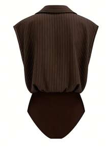 Franclia 2026新款女士条纹翻领无袖系带连体衣Y2K美学商务休闲办公室修身棕色连体上衣时尚百搭夏季日常街头风时尚女士工作外出装 - 棕色 - 查看 2