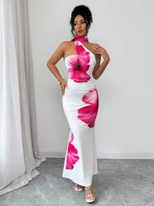 Elenzga Vestido elegante de cuello halter con estampado floral para ir al trabajo - Multicolor - Ver 4
