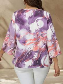 EMERY ROSE Camisa de verano elegante de talla grande con estampado asimétrico y bloques de color - Morado - Ver 3