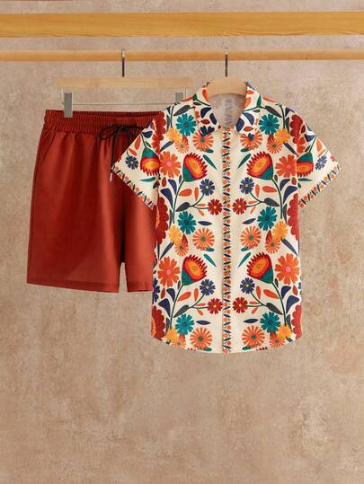 HIMLAND Men's Casual Floral Print Button-Front Short Sleeve Shirt And Shorts Set, Summer