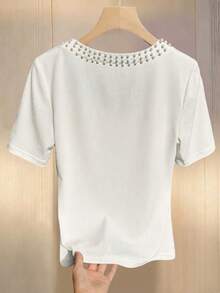 Resyla Women's Casual Ribbed Pearl Embellished Short Sleeve T-Shirt - Apricot - View 2