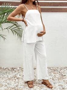 SHEIN 2pcs Maternity Solid Color Camisole Top And Pants Set - White - View 5