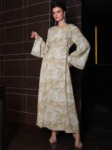 Al Najma 女士春夏梭织印花长袖系腰水钻领花卉A字优雅浪漫阿拉伯连衣裙 - 彩色 - 查看 3