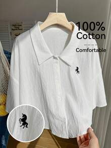 Comfortcana 大码女式宽松休闲马匹印花落肩单排扣衬衫 - 白色 - 查看 10