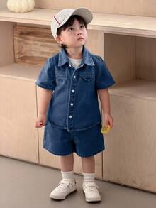 DAZY 2 piezas Conjunto de camisa vaquera con cuello y pantalones cortos de verano para niños pequeños - Celeste - Ver 3