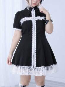 ROMWE Kawaii Đầm cỡ lớn kiểu Lolita dễ thương với họa tiết ren phối màu tương phản và hình chữ thập dành cho nữ. - màu đen - Xem 1