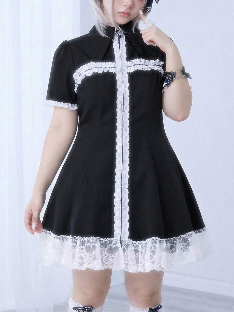 ROMWE Kawaii Đầm cỡ lớn kiểu Lolita dễ thương với họa tiết ren phối màu tương phản và hình chữ thập dành cho nữ. - màu đen - Xem 1