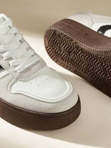 CUCCOO EASI Giày thể thao nữ đế dày, phối màu, mũi tròn, buộc dây, màu trắng, kiểu dáng casual, giày bệt thể thao thời trang cho hàng ngày, giày trắng đơn giản, tối giản, thích hợp cho mùa xuân/thu. - Đen xám - Xem 4