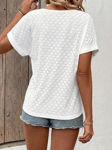 EMERY ROSE Women's Casual Basic V-Neck Turnover Cuff White Polka Dot Jacquard T-Shirt - White - View 2