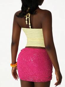 Amplova Beach Vacation Jacquard Textured Fabric Plunging Neckline Reversible Women Tank Top,Summer Top - Yellow - View 6