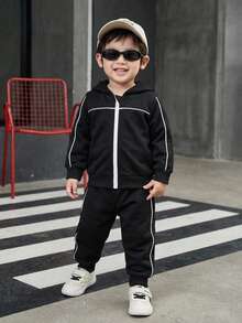 SHEIN 2件組 幼童男童連帽衛衣與長褲套裝 黑白對比拉鍊條紋連帽衫休閒秋季城市度假日常穿搭 - 黑色 - 查看 8