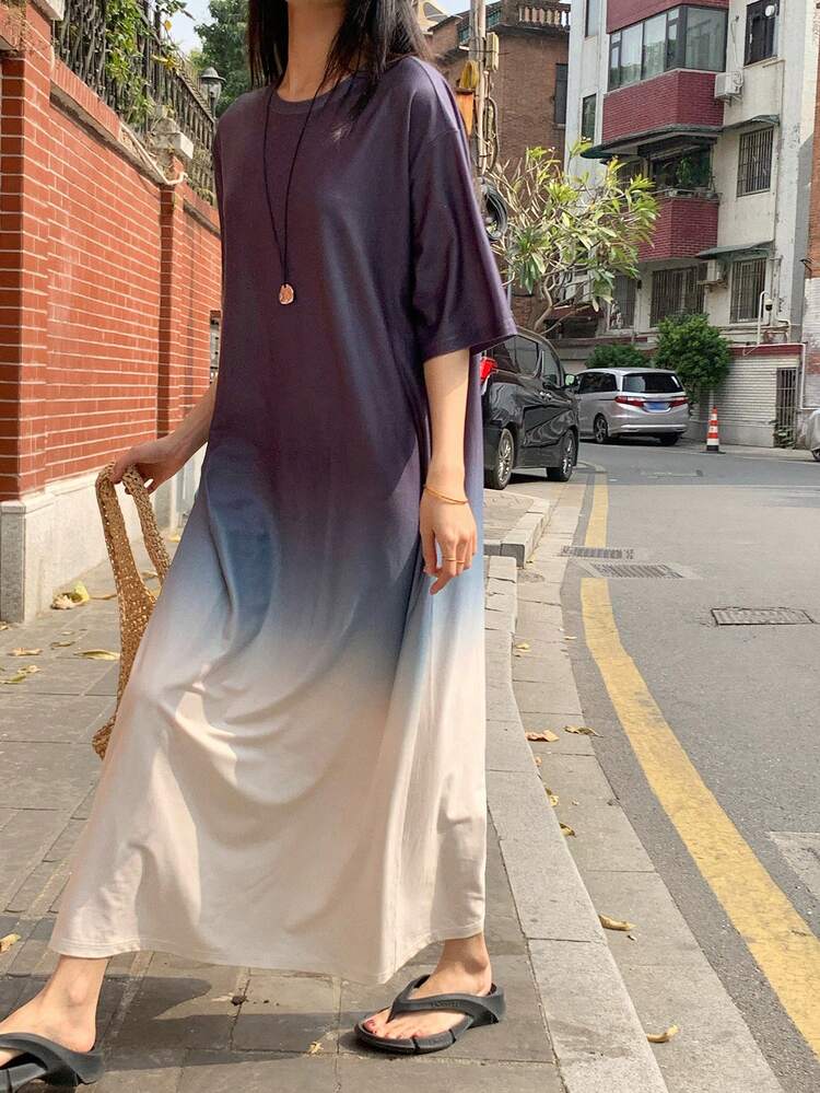 Women's Ombre Round Neck Short Sleeve Casual Long Dress, Youthful Korean Style