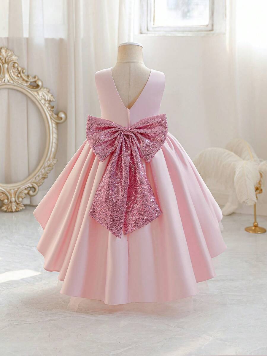 Glamorique Kids 女童酒红色缎面薄纱连衣裙,拖尾裙摆,串珠腰带,蝴蝶结装饰,适合圣诞节、万圣节、舞台表演、派对、生日、公主裙等场合。 - 粉色 - 查看 1