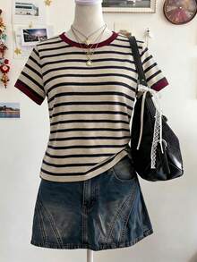 Lalippa 女士条纹印花圆领休闲百搭短袖上衣 - 彩色 - 查看 1