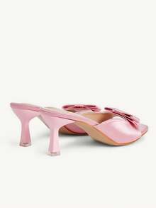 CUCCOO CHICEST French Pink Satin Bow High Heel Slippers Women's Summer Wear Square Heel Sandals - Pink - View 4
