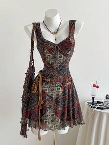 Elamini Đầm ngắn nữ kiểu vintage họa tiết hoa, thắt eo, không tay, viền bèo nhún, phong cách lãng mạn cho kỳ nghỉ biển, mùa xuân/hè. - Nhiều màu - Xem 3